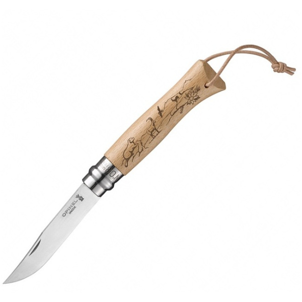 Нож Opinel №8 Trekking, нержавеющая сталь, рукоять бук, гравировка сурок, козел и эдельвейс, темляк, 001641 001641 от прозводителя Opinel